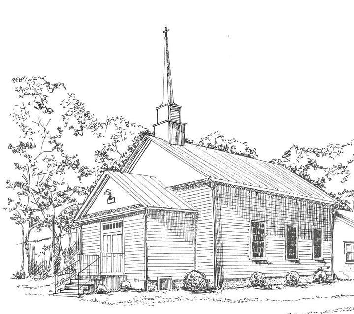 A sketch of a traditional wooden church with a tall steeple surrounded by trees.